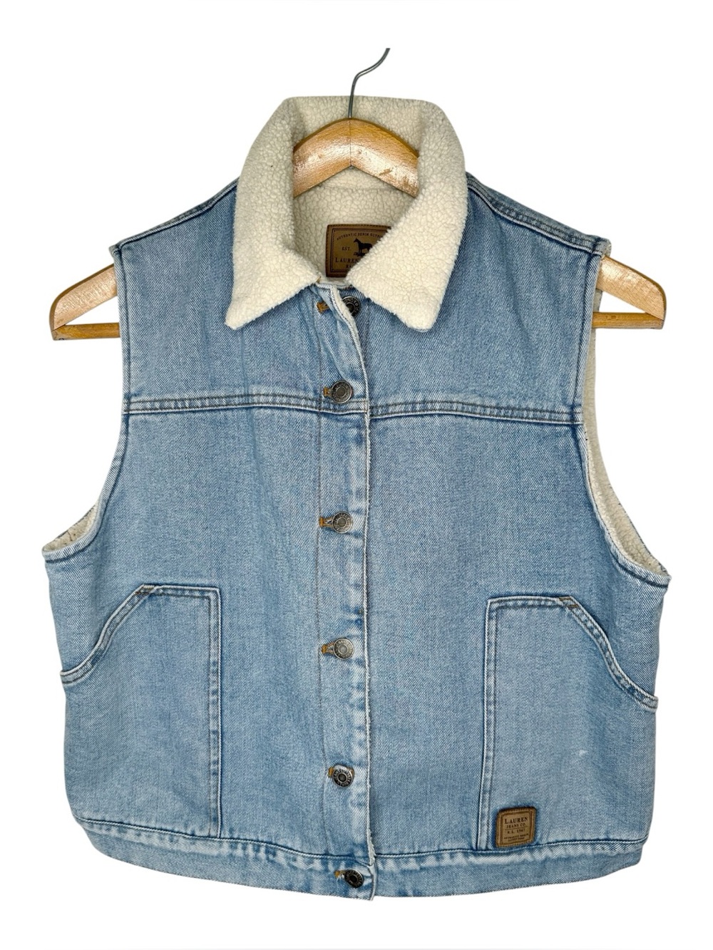Vintage Lauren Ralph Lauren Blue Denim Vest Sherpa Lined Size 1X Western Preppy - Picture 2 of 14